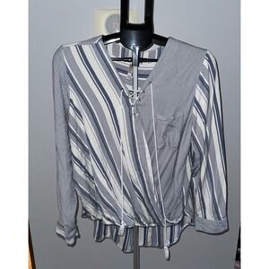 Xhilaration Women's Blue White Nautical Striped Wrap Design Lace‎ Up Top Size 1X